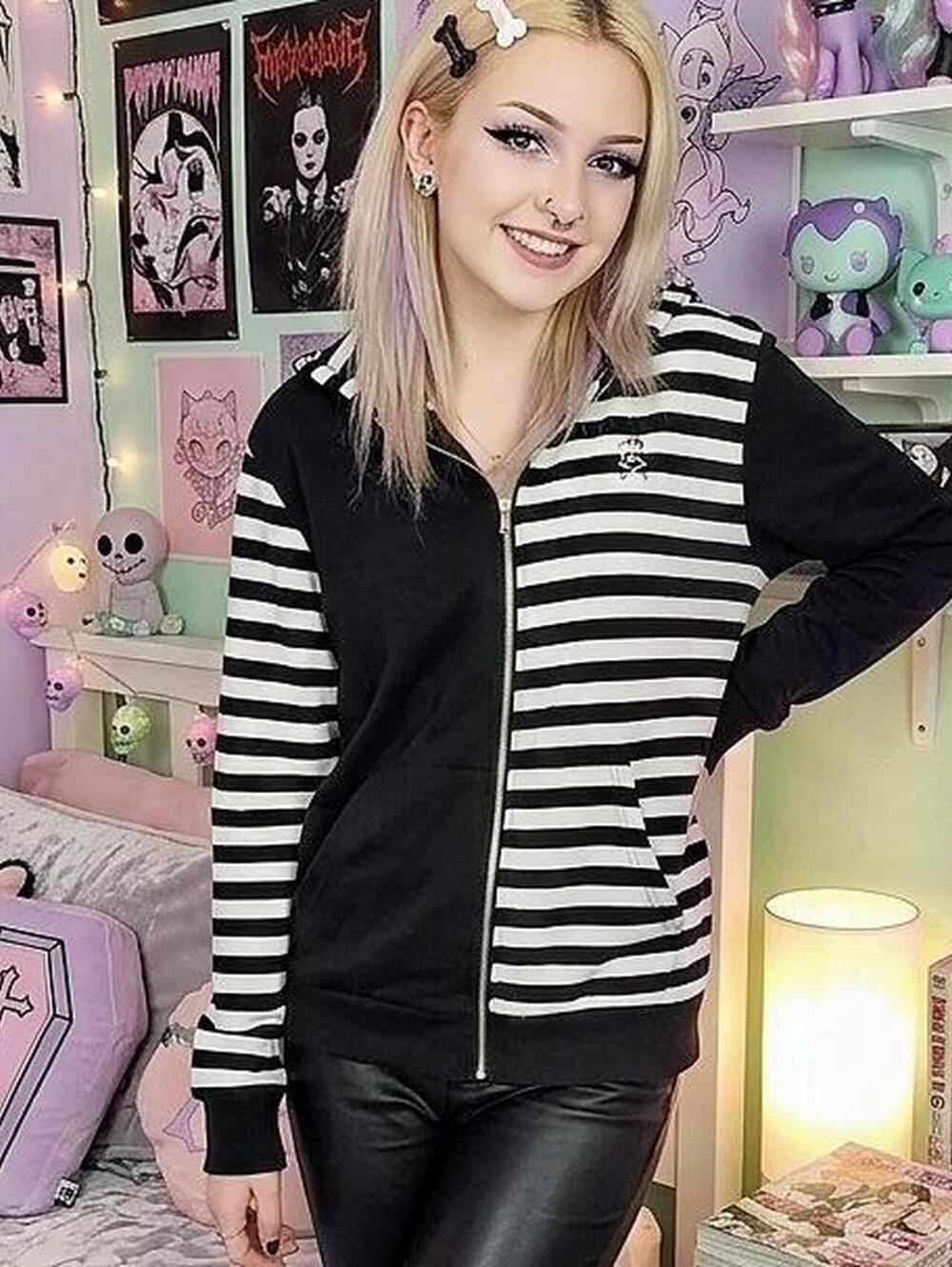 Hot Topic Split Striped Zip Up Hoodie Skull Patch Alt Emo Grunge